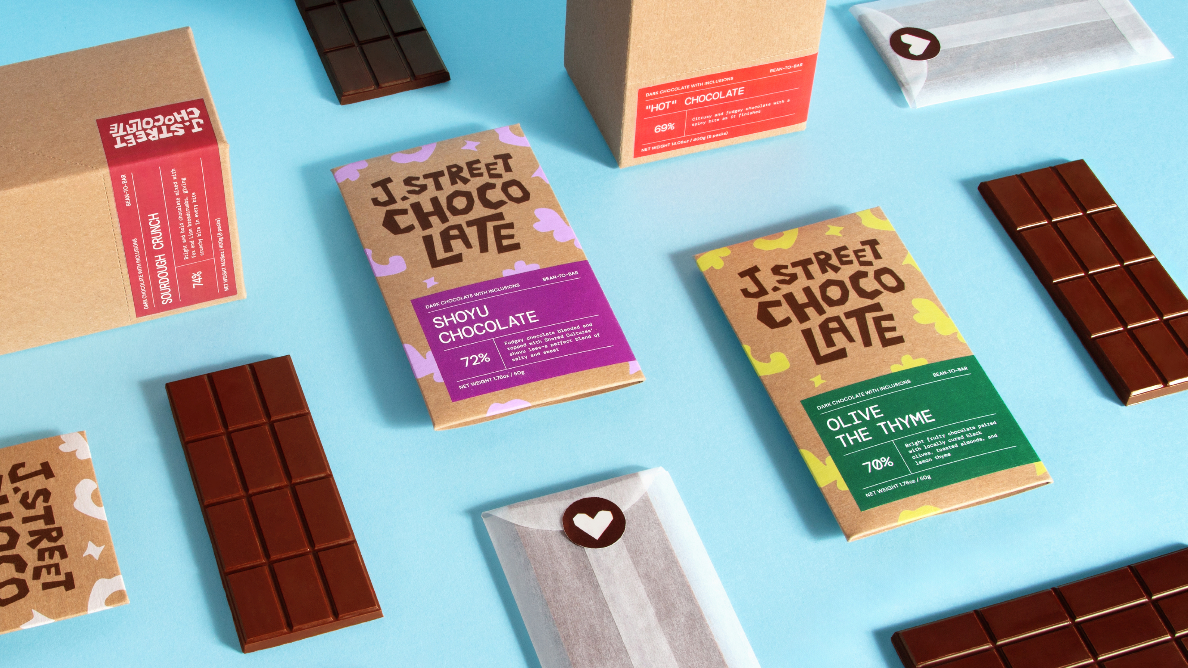 photo of the J. Street Chocolate packaging collection to show hoe the system works together